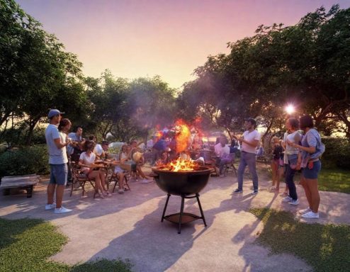 Grillparty im Freien mit Menschen, die um einen Grill versammelt sind.